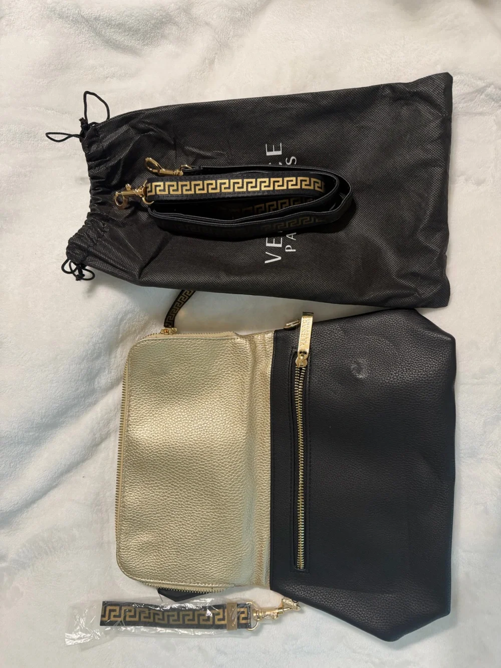 Versace Parfums Metallic Gold and Black Crossbody with Detachable Strap